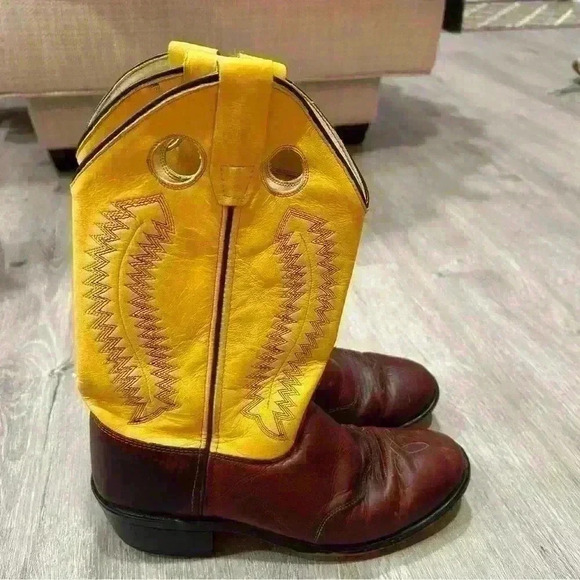 Old West Brown Yellow Leather Western Cowboy Boots Men’s Size 5.5 - Picture 5 of 8